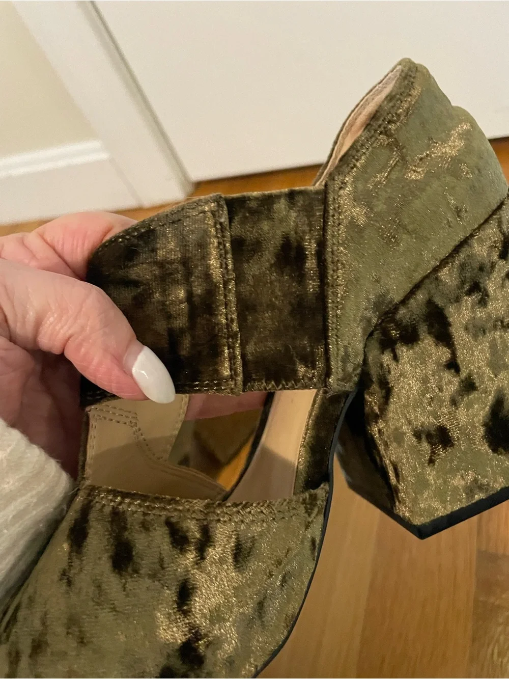 CAbi Olive Green Velvet Peep-Toe Heels